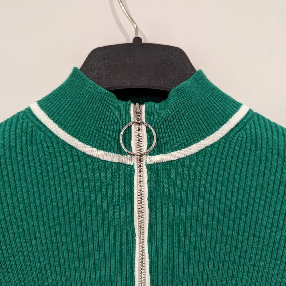 Maje | Emerald Green Ribbed Knit Sweater with Trucker Collar - XS